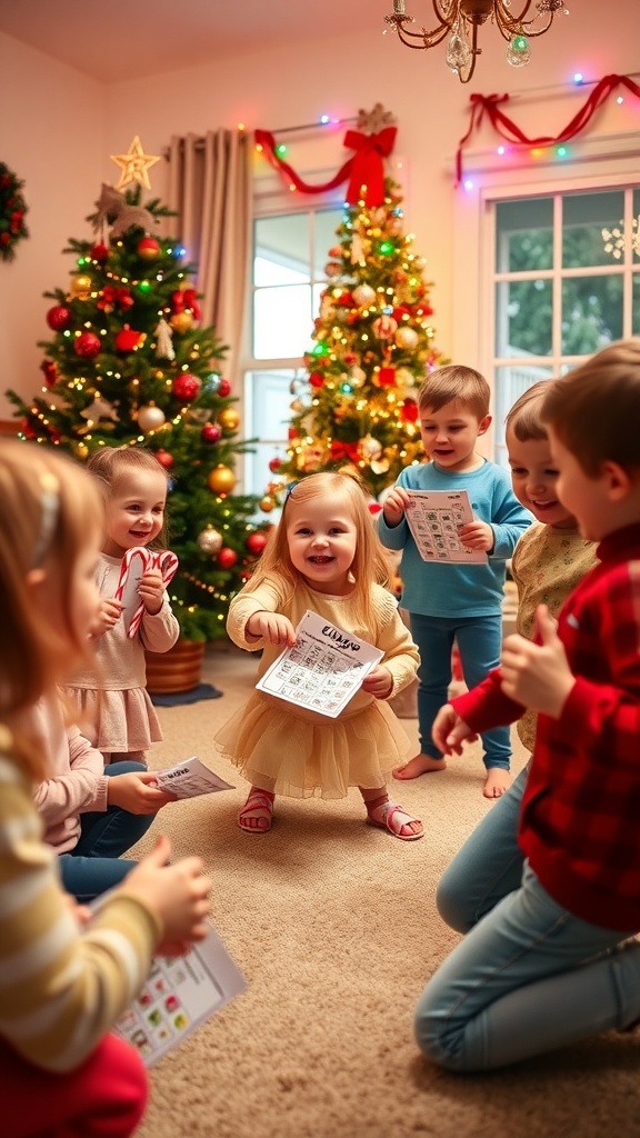 Children playing Christmas games in a decorated room with a Christmas tree.